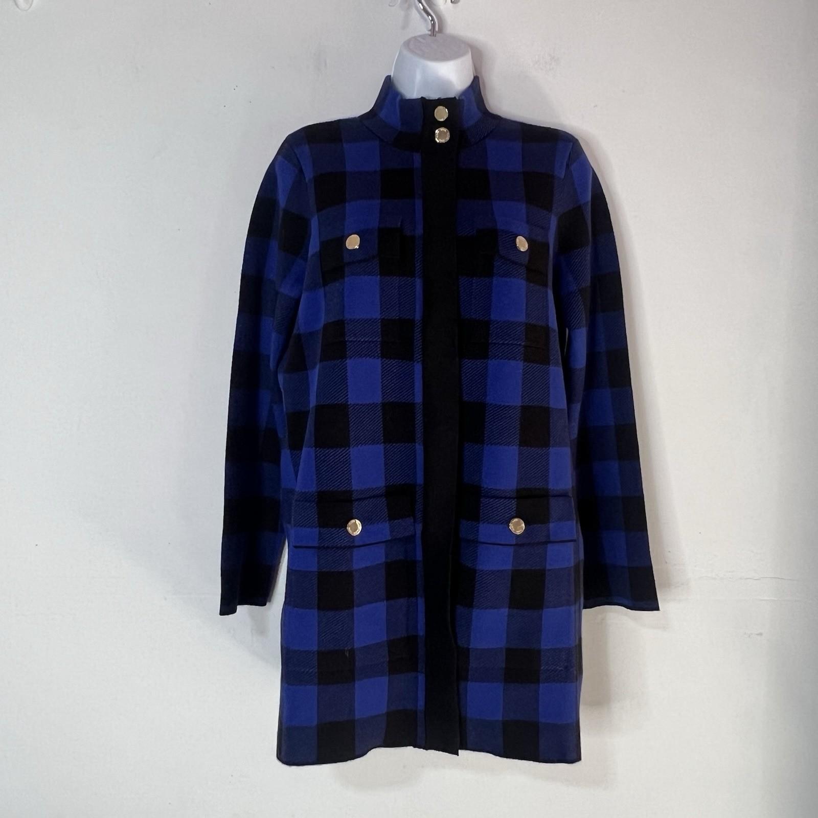 Anne Klein Plaid Knit Sweater Cardigan S Blue Black Gold Toned Buttons Pockets
