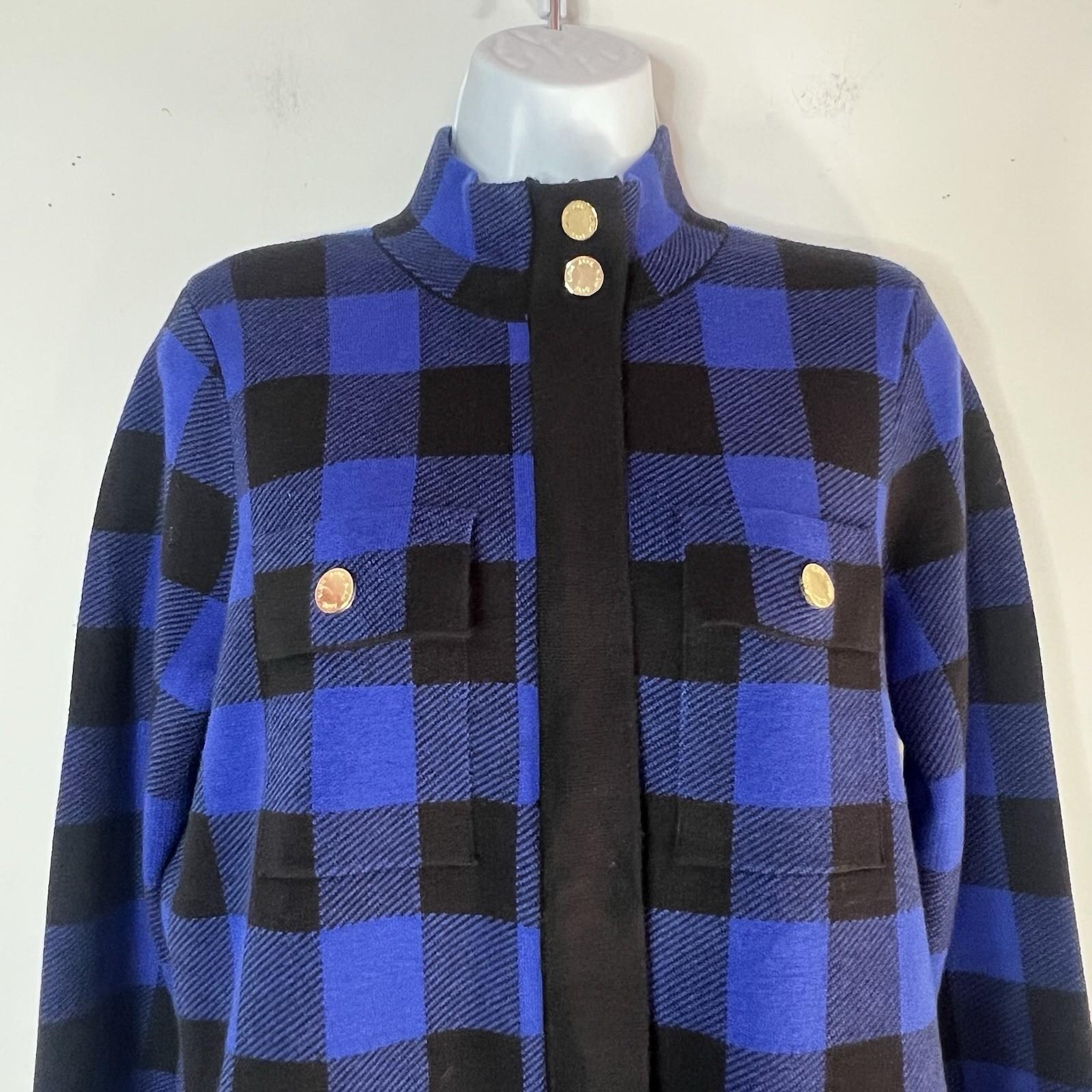 Anne Klein Plaid Knit Sweater Cardigan S Blue Black Gold Toned Buttons Pockets