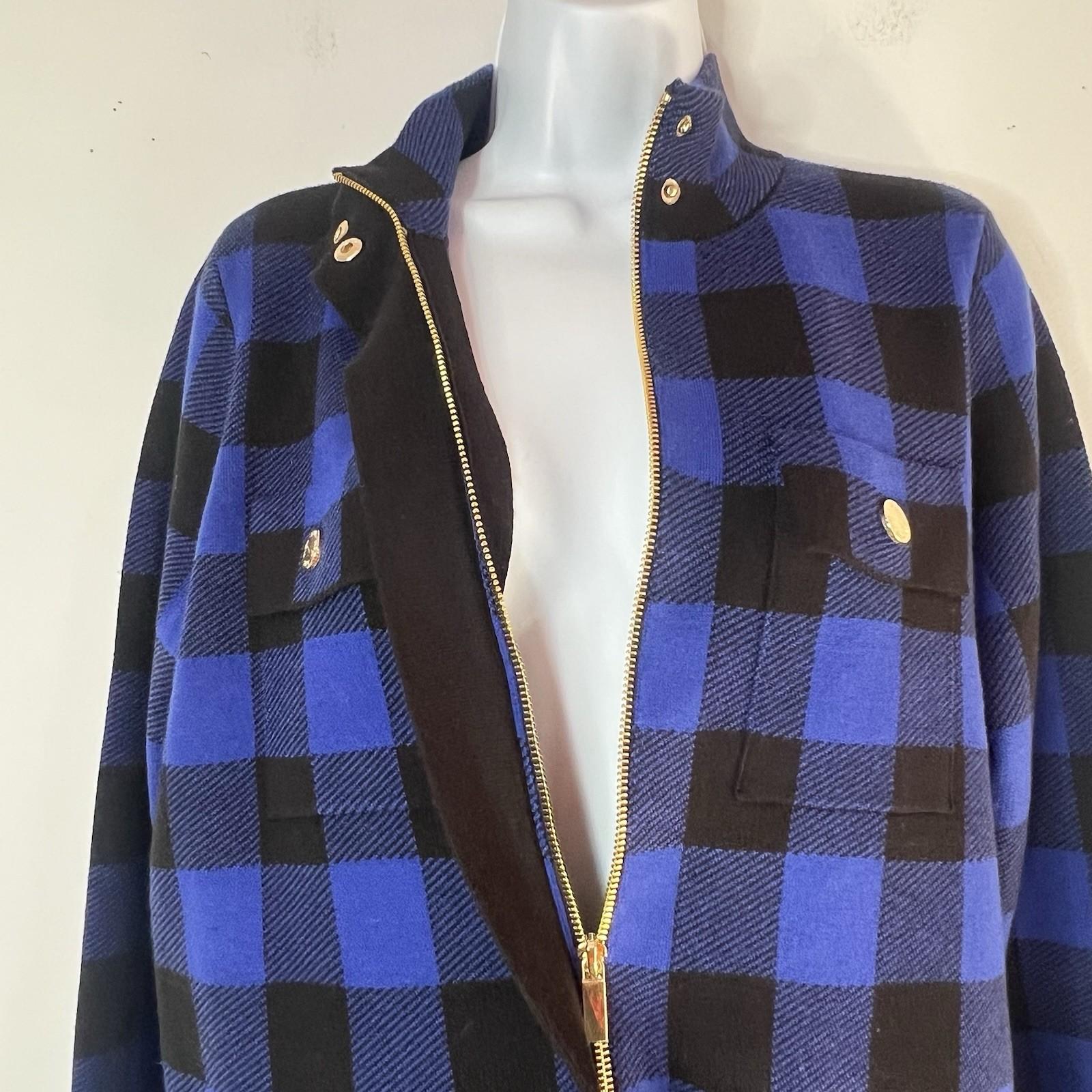 Anne Klein Plaid Knit Sweater Cardigan S Blue Black Gold Toned Buttons Pockets