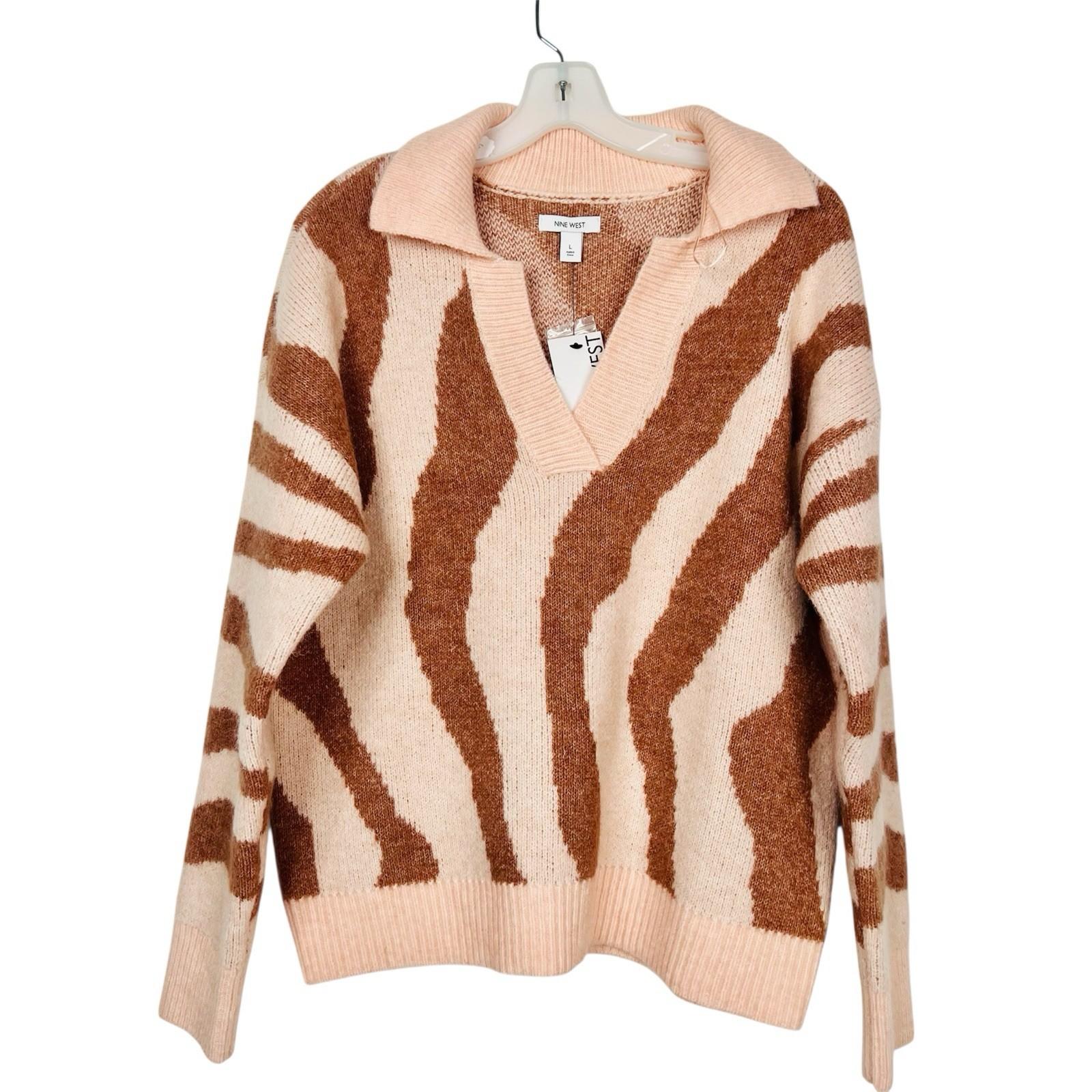 New Nine West Women Polo Collared Sweater Size L Light Pink Brown Zebra Cozzy