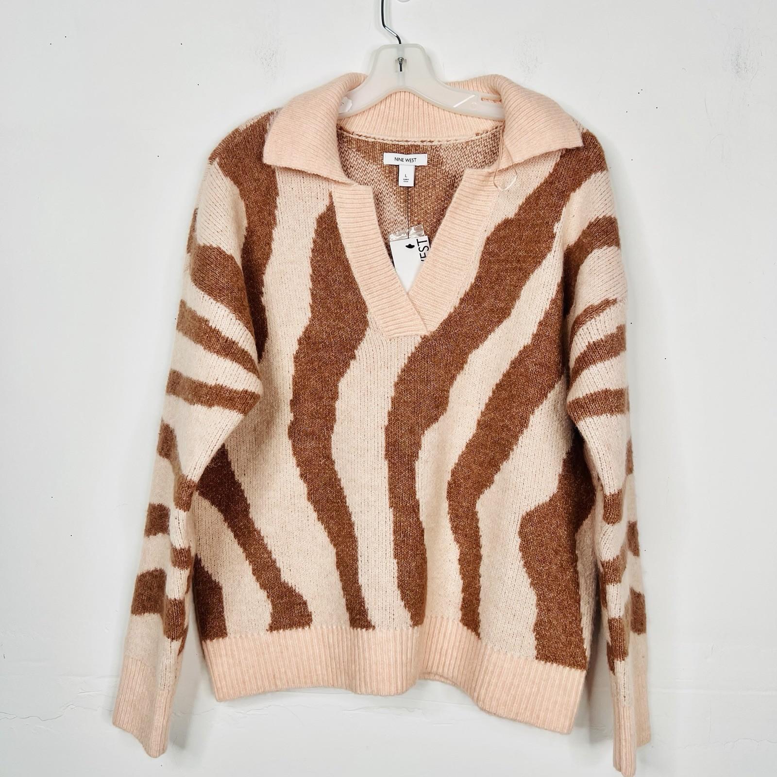 New Nine West Women Polo Collared Sweater Size L Light Pink Brown Zebra Cozzy