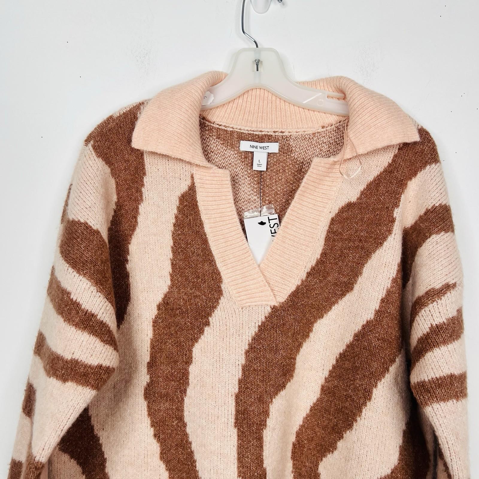 New Nine West Women Polo Collared Sweater Size L Light Pink Brown Zebra Cozzy