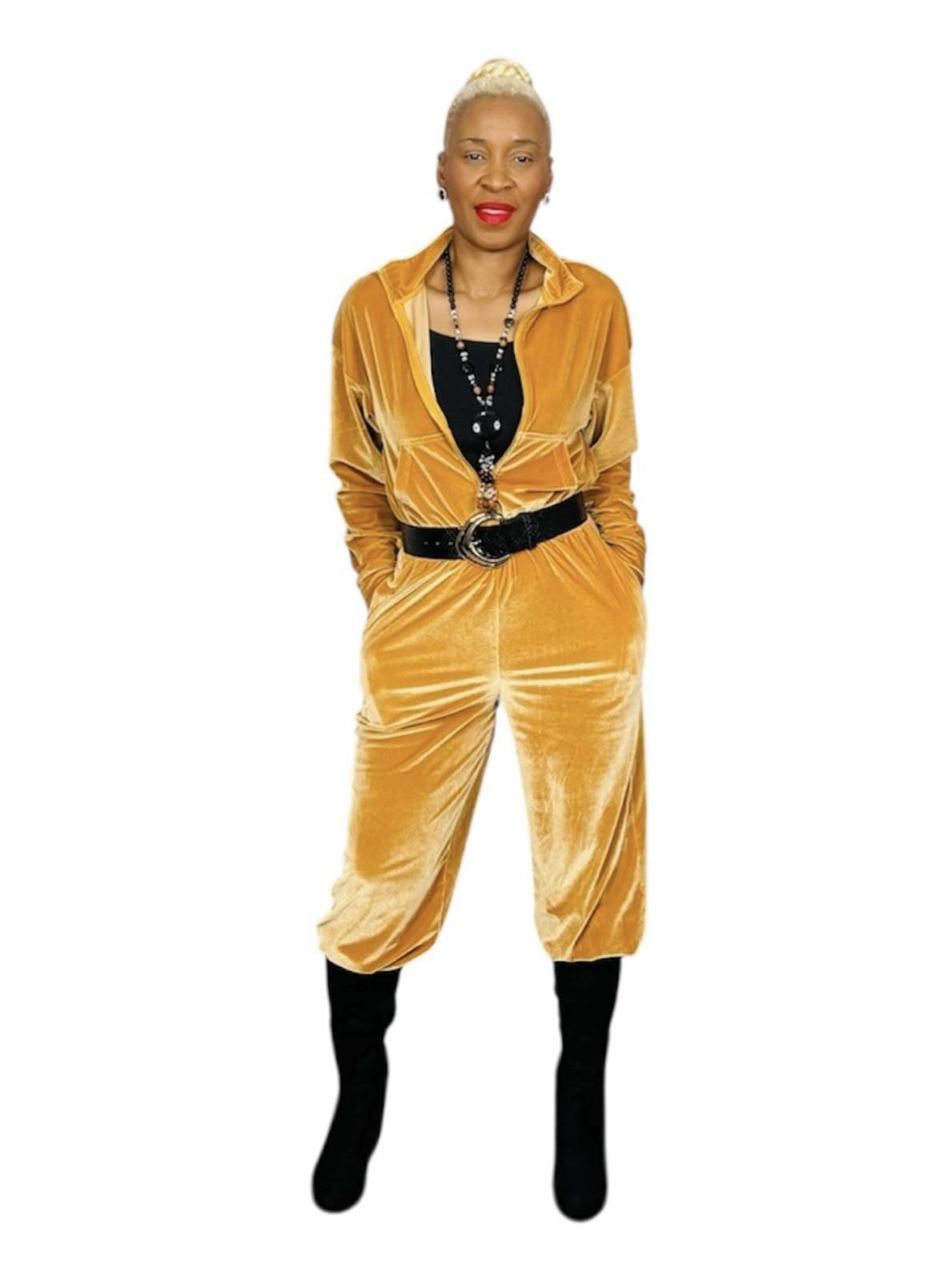 Fabletics Velour Light Honey Gold Jumpsuit Tracksuit  Size L Wide Leg Stretch