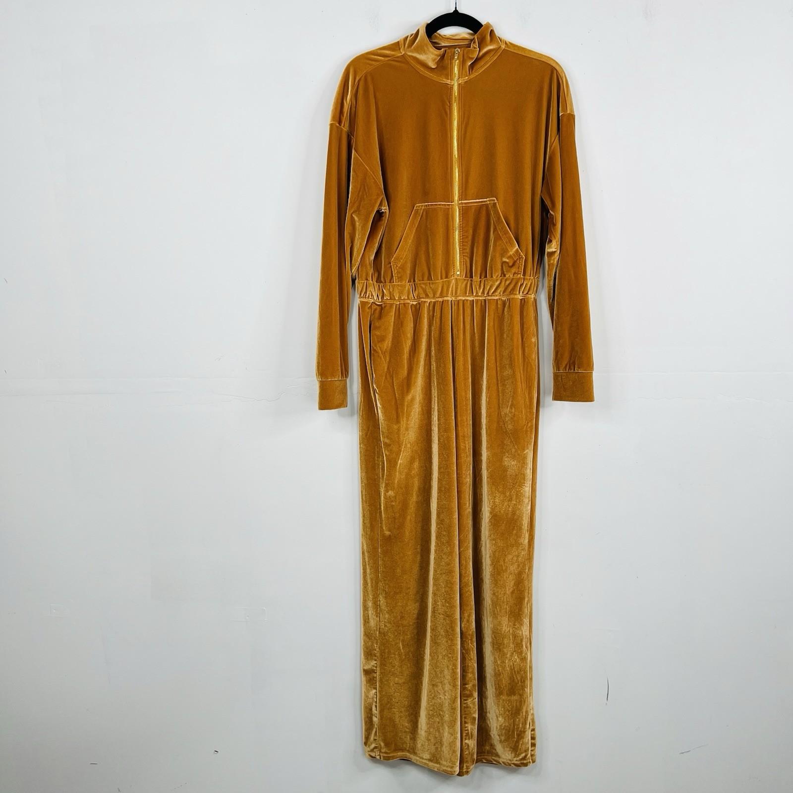 Fabletics Velour Light Honey Gold Jumpsuit Tracksuit  Size L Wide Leg Stretch