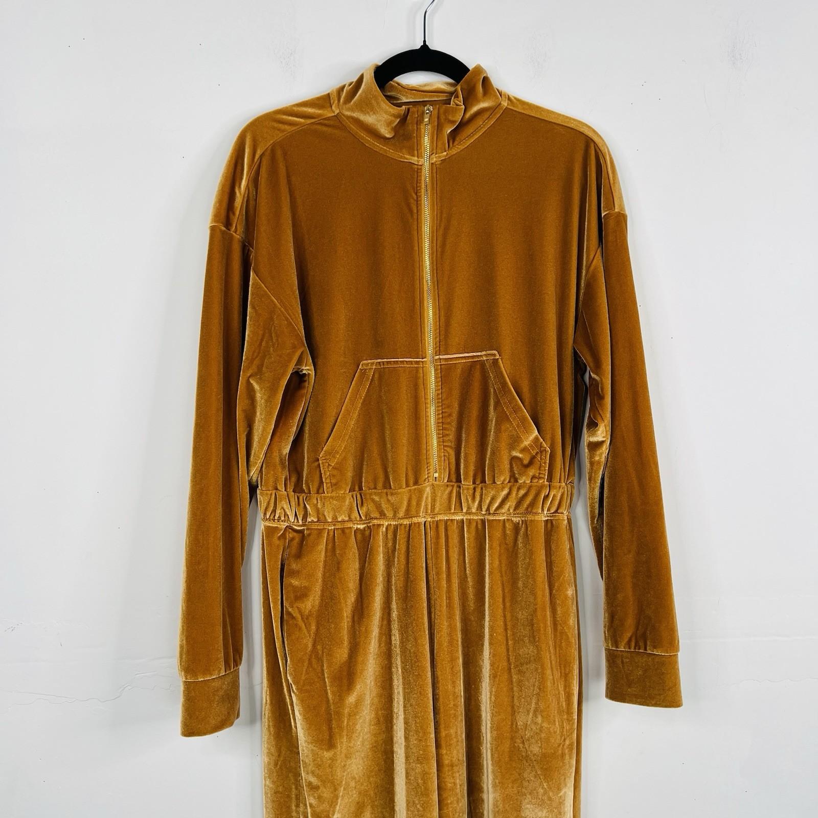 Fabletics Velour Light Honey Gold Jumpsuit Tracksuit  Size L Wide Leg Stretch