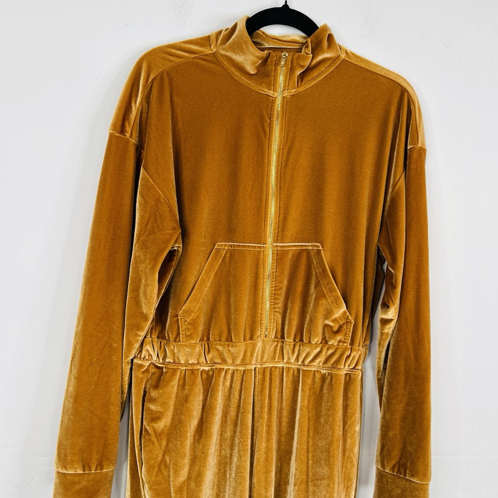 Fabletics Velour Light Honey Gold Jumpsuit Tracksuit  Size L Wide Leg Stretch