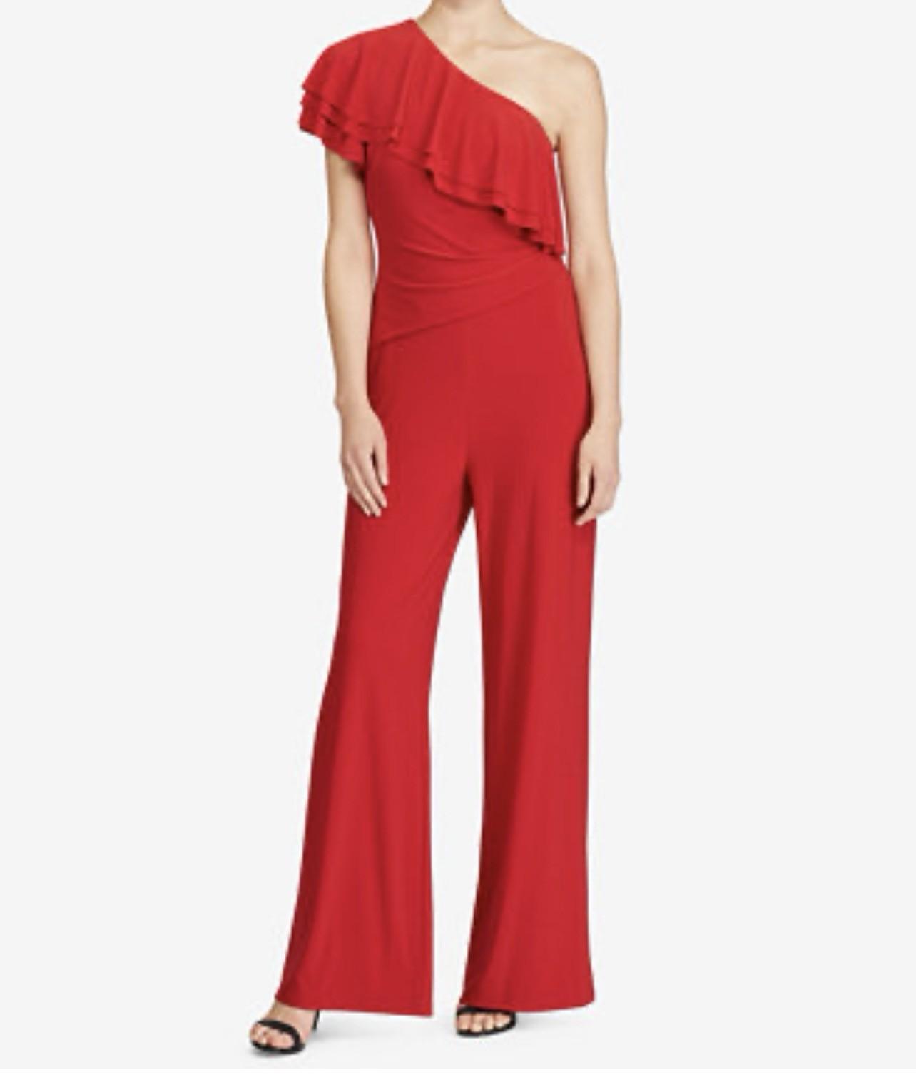 Lauren Ralph Lauren One Shoulder Jumpsuit Size 10 Stretch Red Ruffle Wide Leg
