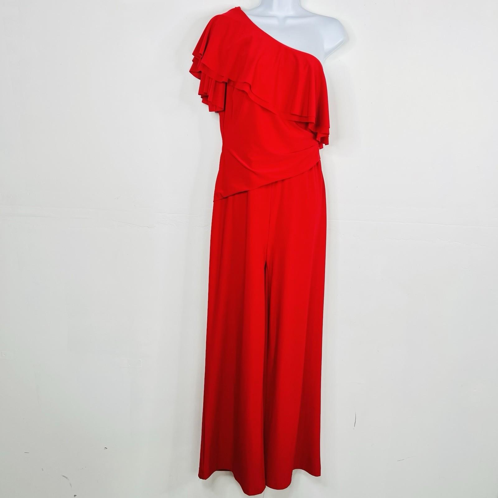 Lauren Ralph Lauren One Shoulder Jumpsuit Size 10 Stretch Red Ruffle Wide Leg