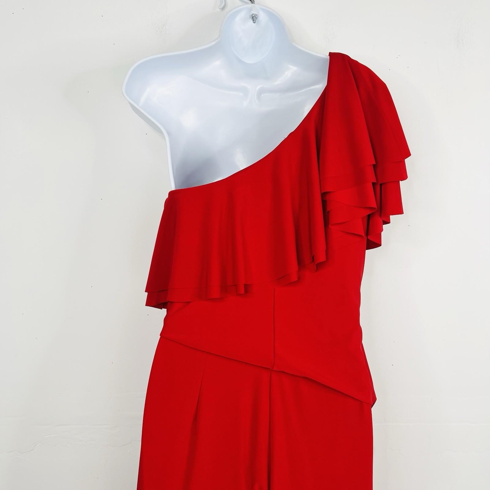 Lauren Ralph Lauren One Shoulder Jumpsuit Size 10 Stretch Red Ruffle Wide Leg