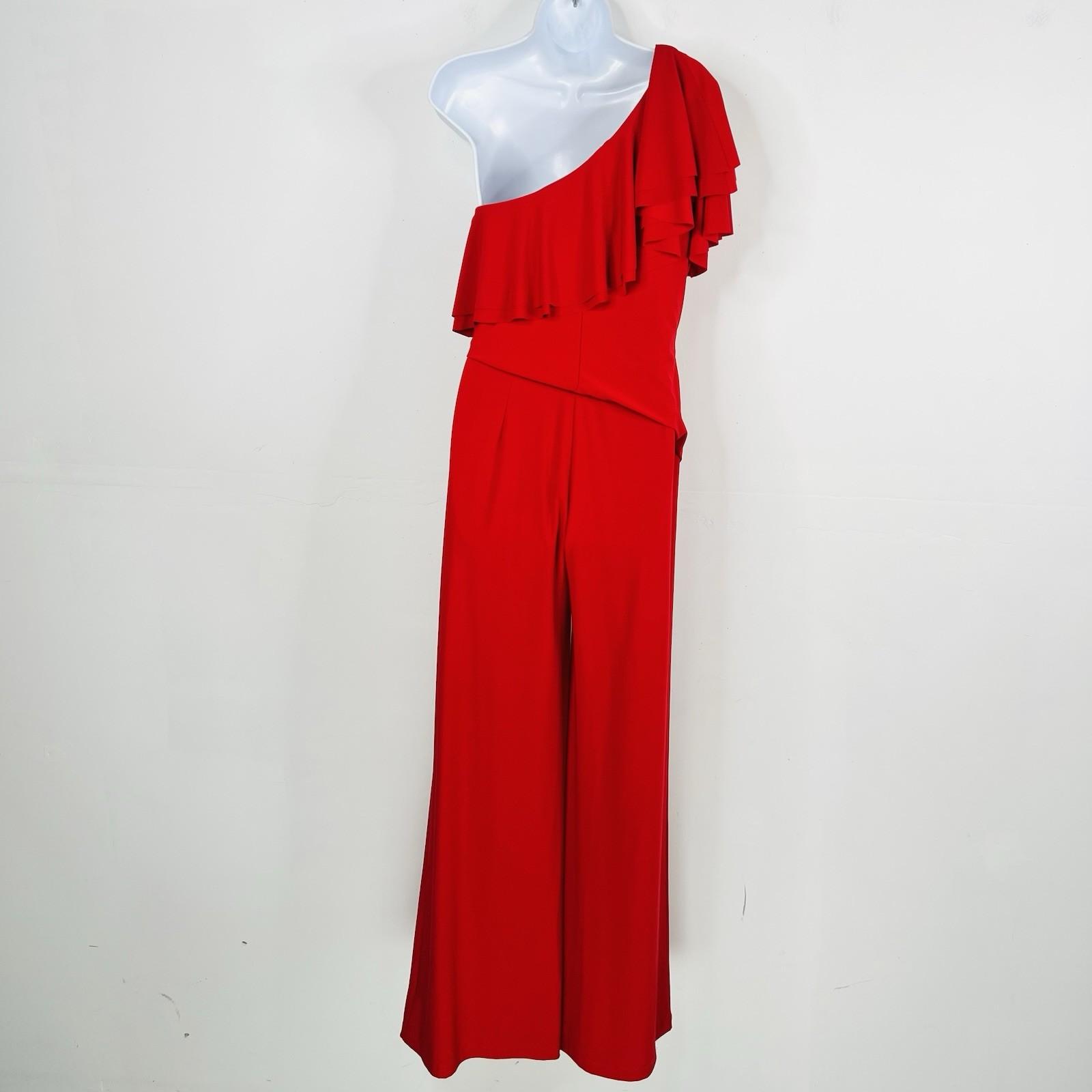 Lauren Ralph Lauren One Shoulder Jumpsuit Size 10 Stretch Red Ruffle Wide Leg