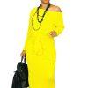 Fashion Nova Polyester Stretch Warm Maxi Dress L/XL Yellow Tied Down Ribbed