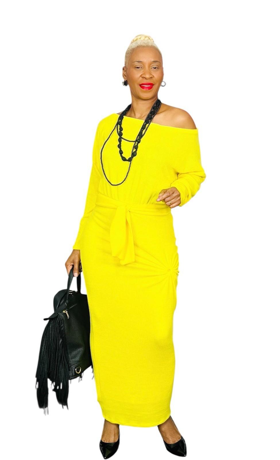 Fashion Nova Polyester Stretch Warm Maxi Dress L/XL Yellow Tied Down Ribbed