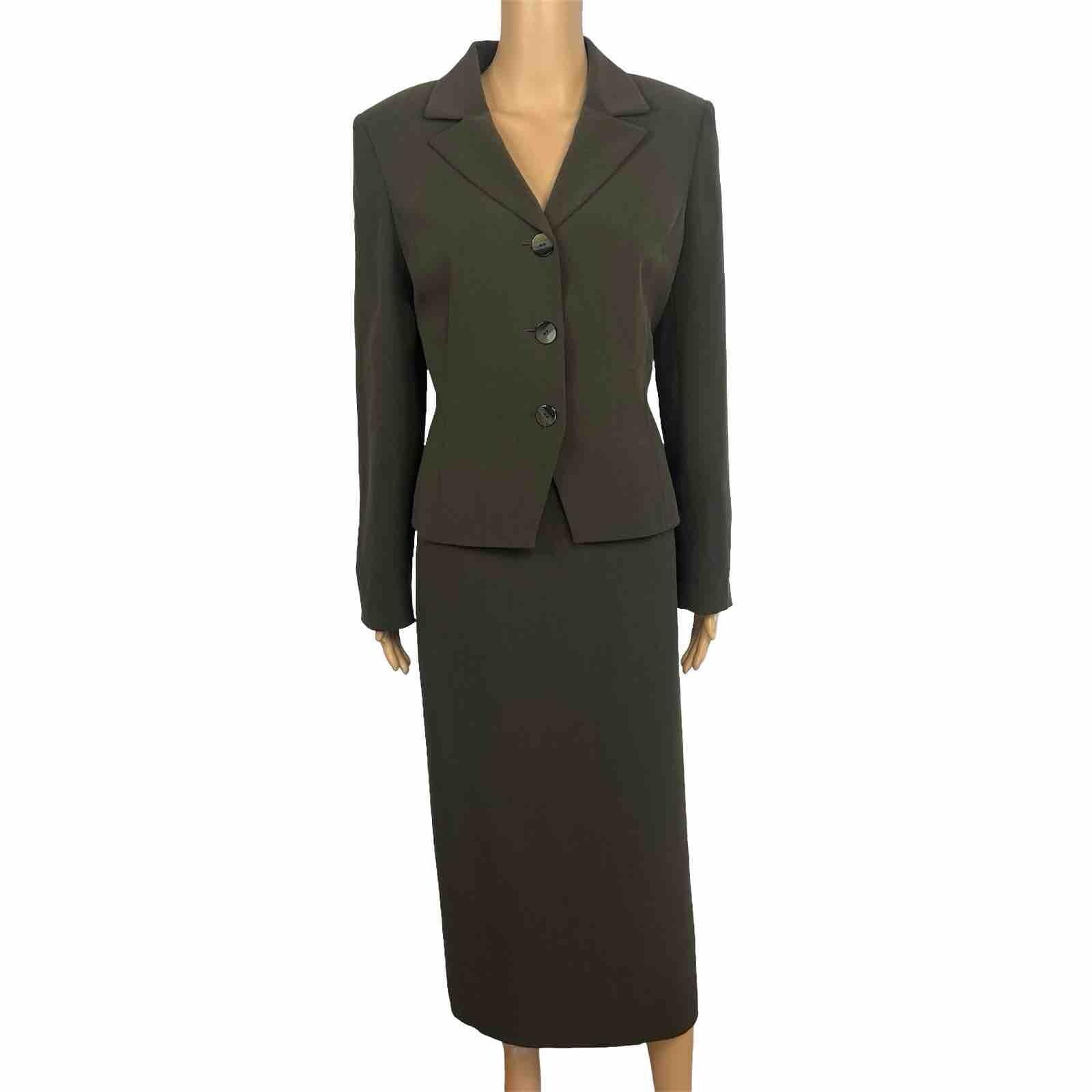 Tahari ASL Polyester Skirt Suit Size 8 Dark Green Lined Notch Collar 2 Piece