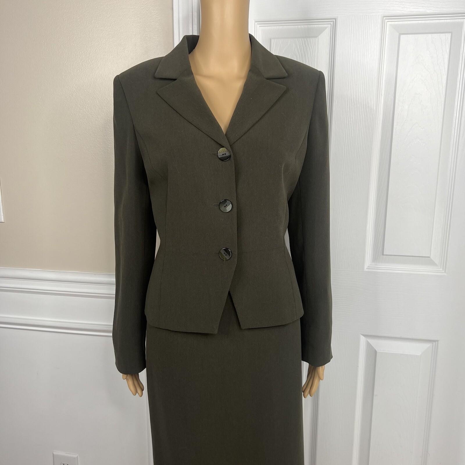Tahari ASL Polyester Skirt Suit Size 8 Dark Green Lined Notch Collar 2 Piece