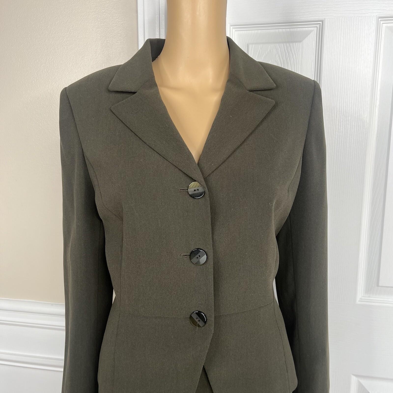 Tahari ASL Polyester Skirt Suit Size 8 Dark Green Lined Notch Collar 2 Piece
