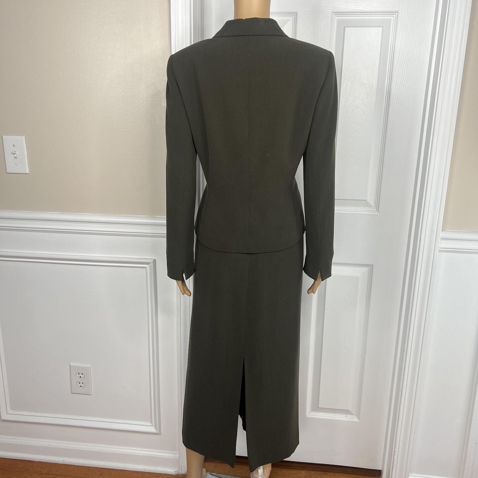 Tahari ASL Polyester Skirt Suit Size 8 Dark Green Lined Notch Collar 2 Piece