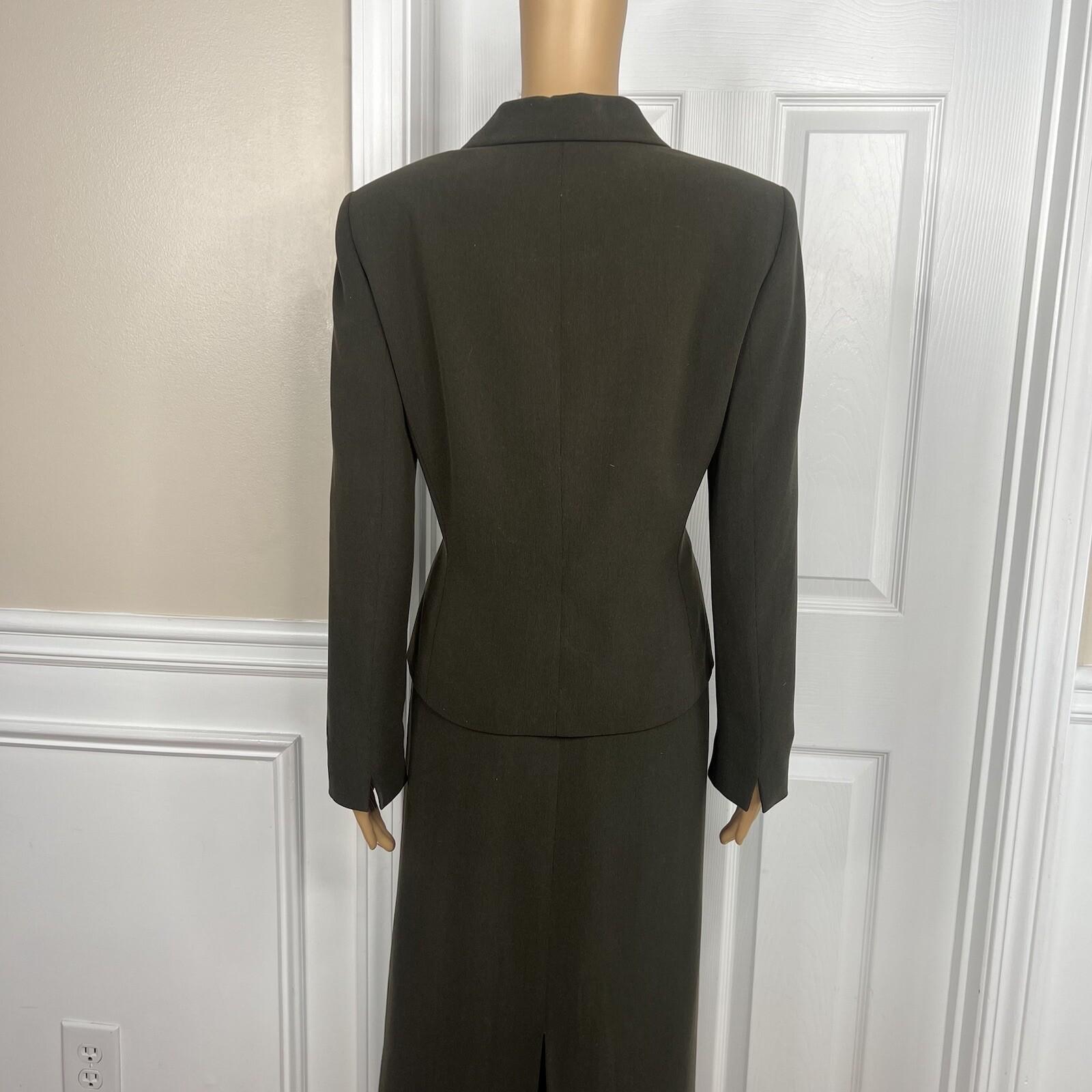 Tahari ASL Polyester Skirt Suit Size 8 Dark Green Lined Notch Collar 2 Piece