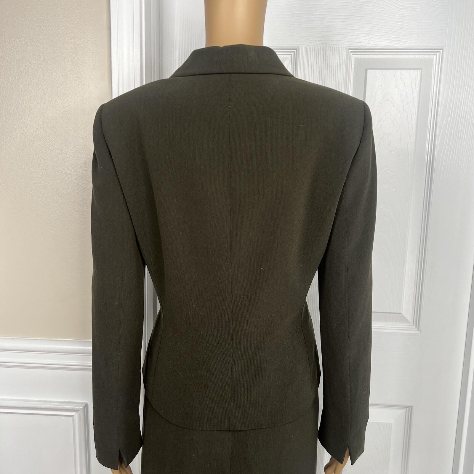 Tahari ASL Polyester Skirt Suit Size 8 Dark Green Lined Notch Collar 2 Piece