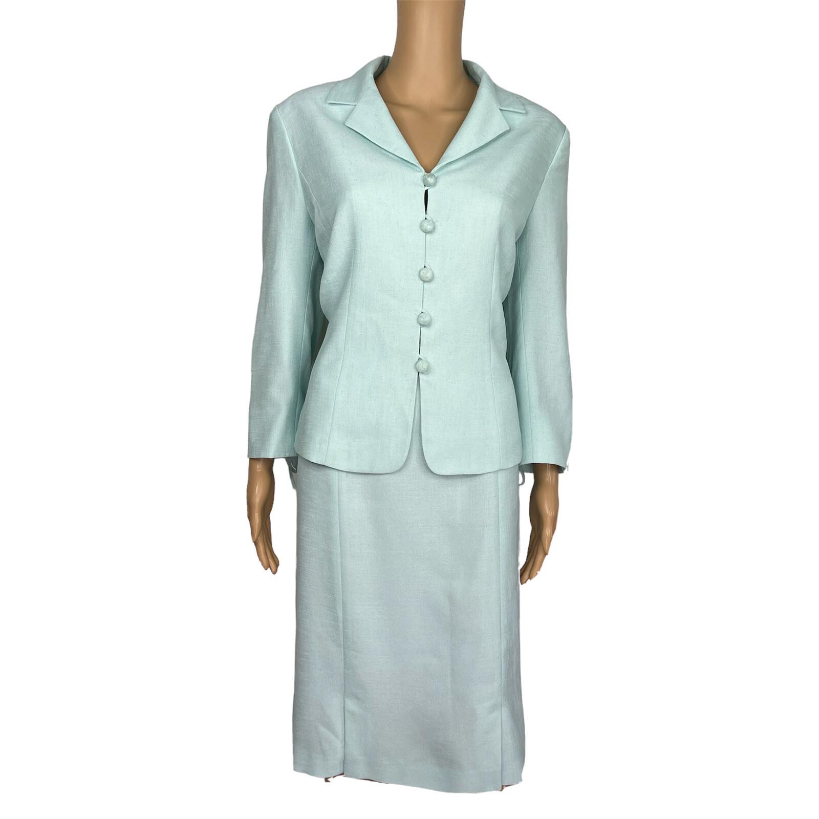 10-747.jpg Kasper Women Polyester Acetate Aquamarine Skirt Suit Size 10 Lined 3/4 Sleeves