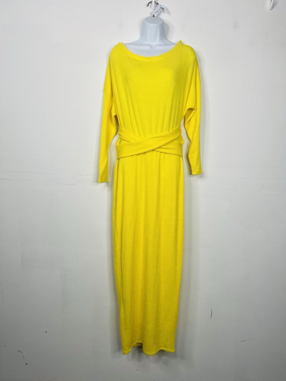 Fashion Nova Polyester Stretch Warm Maxi Dress L/XL Yellow Tied Down Ribbed