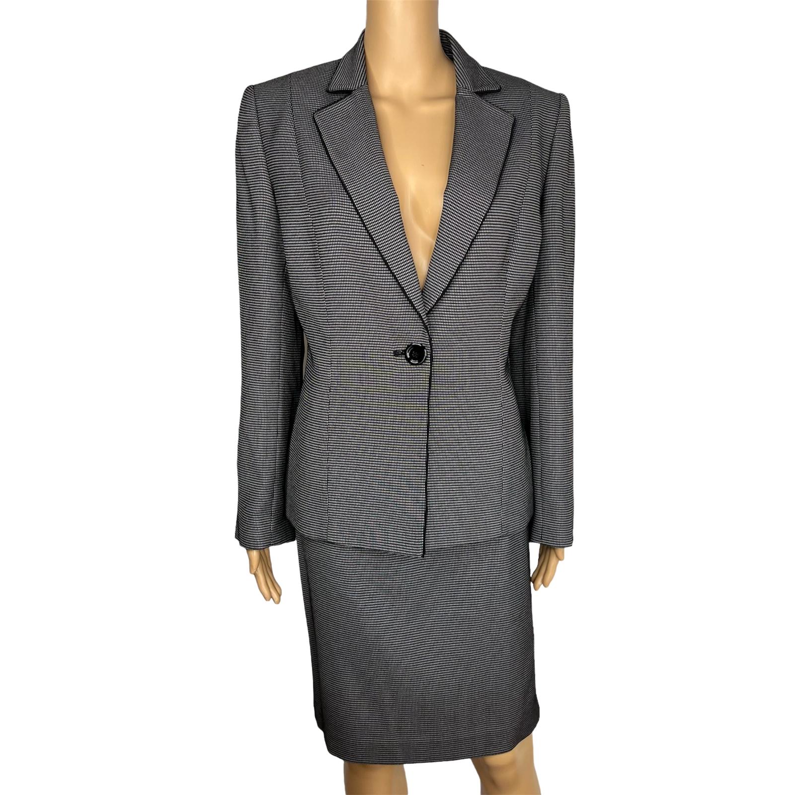 Tahari ASL Polyester Blend Skirt Suit Size 10 Black White 2PC Women Notch Collar
