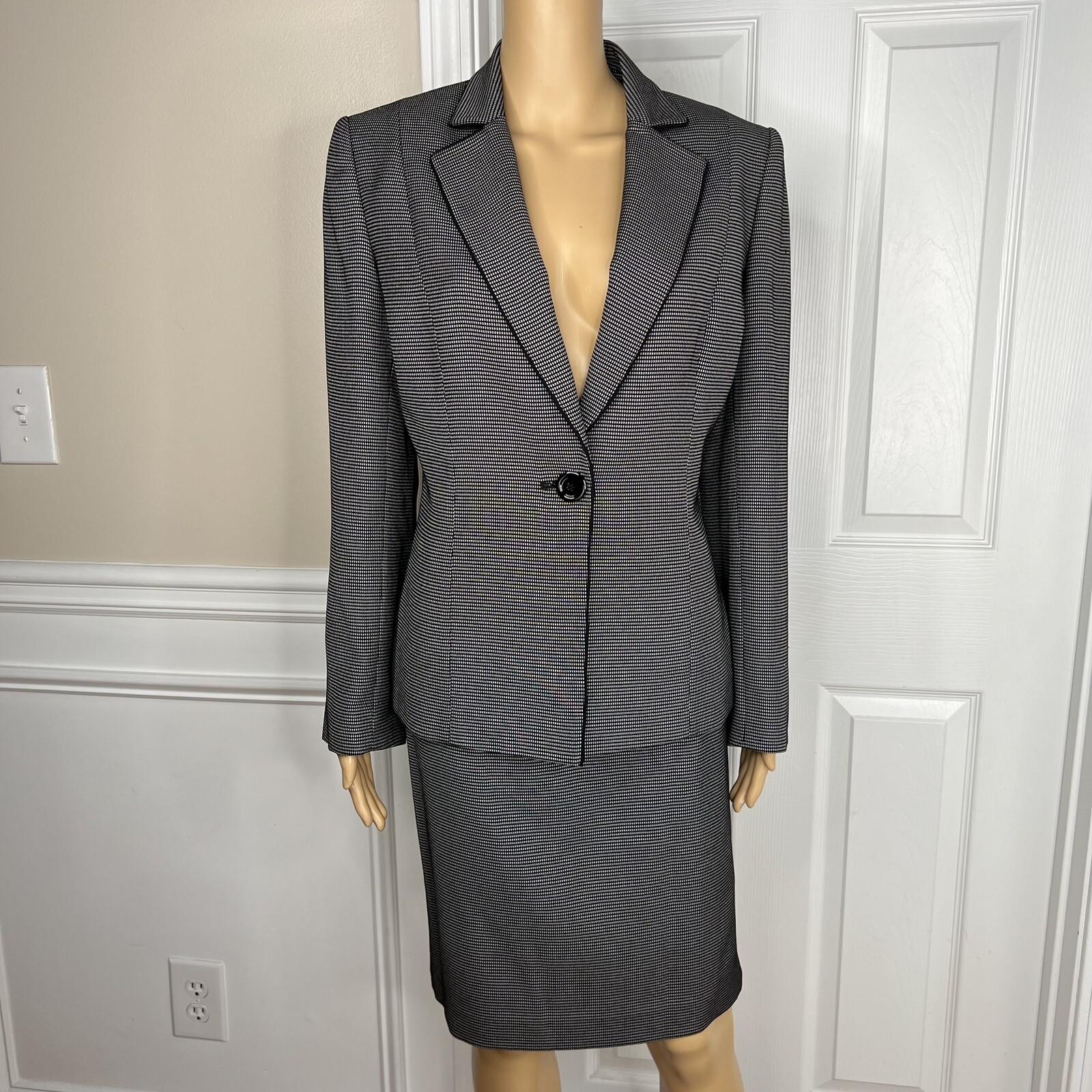 Tahari ASL Polyester Blend Skirt Suit Size 10 Black White 2PC Women Notch Collar