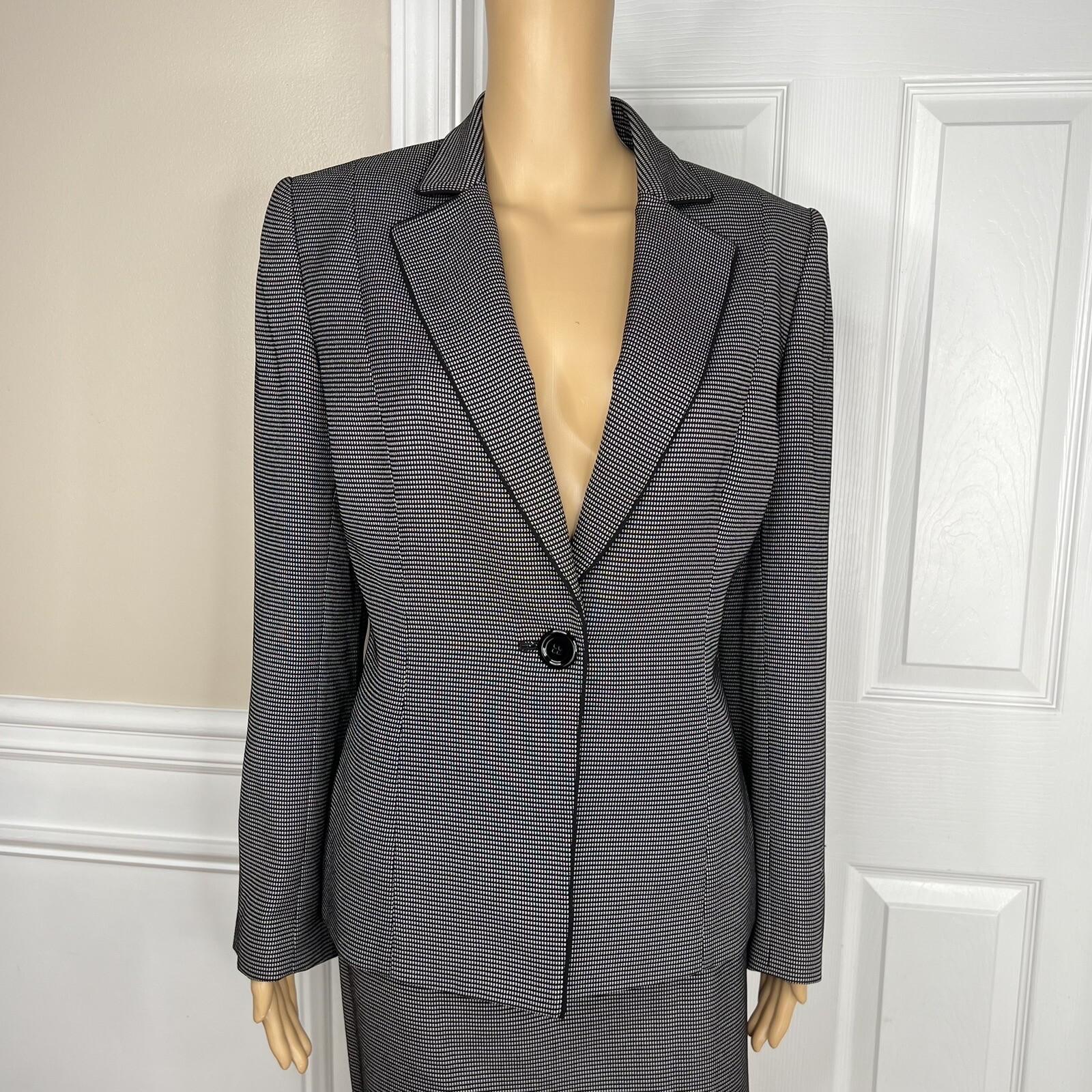 Tahari ASL Polyester Blend Skirt Suit Size 10 Black White 2PC Women Notch Collar