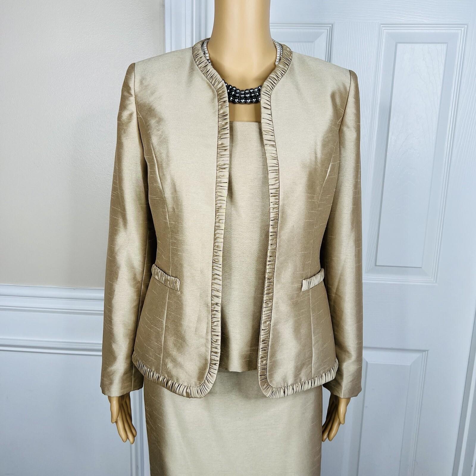 Kasper Polyester Skirt Suit Top Size 4 Gold Lined Open Front Faux Pockets 3PC