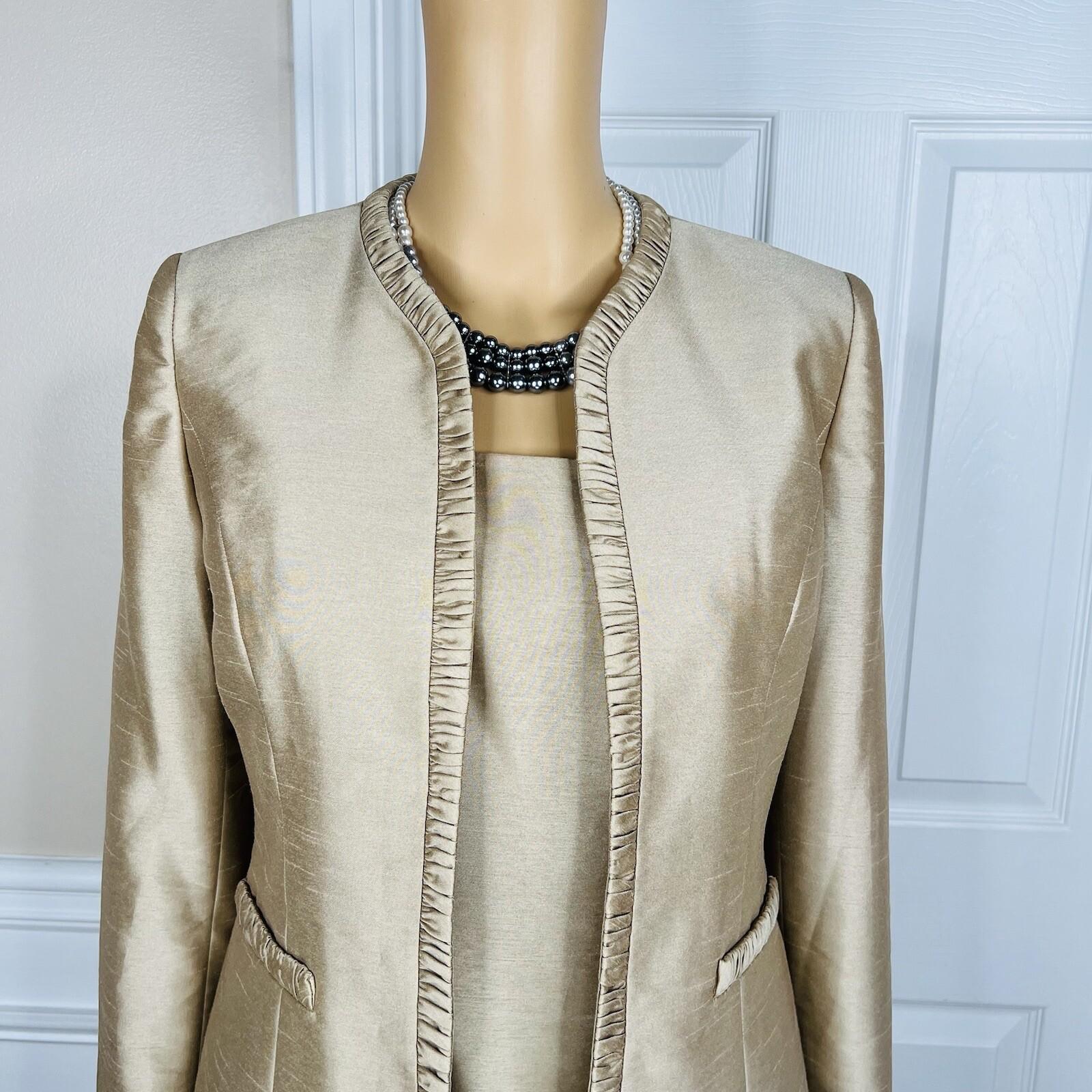 Kasper Polyester Skirt Suit Top Size 4 Gold Lined Open Front Faux Pockets 3PC