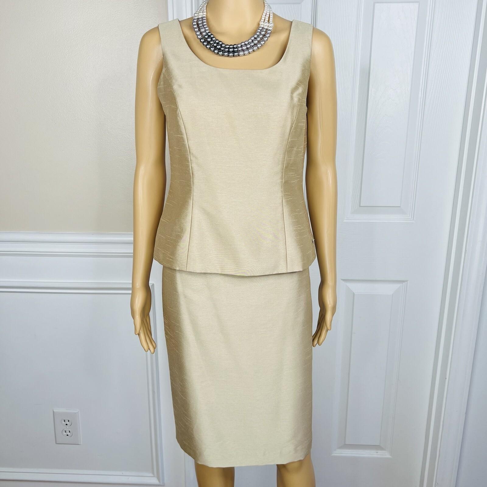 Kasper Polyester Skirt Suit Top Size 4 Gold Lined Open Front Faux Pockets 3PC