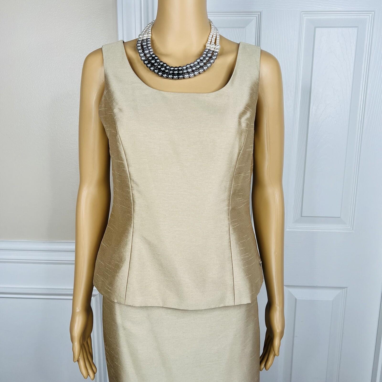 Kasper Polyester Skirt Suit Top Size 4 Gold Lined Open Front Faux Pockets 3PC