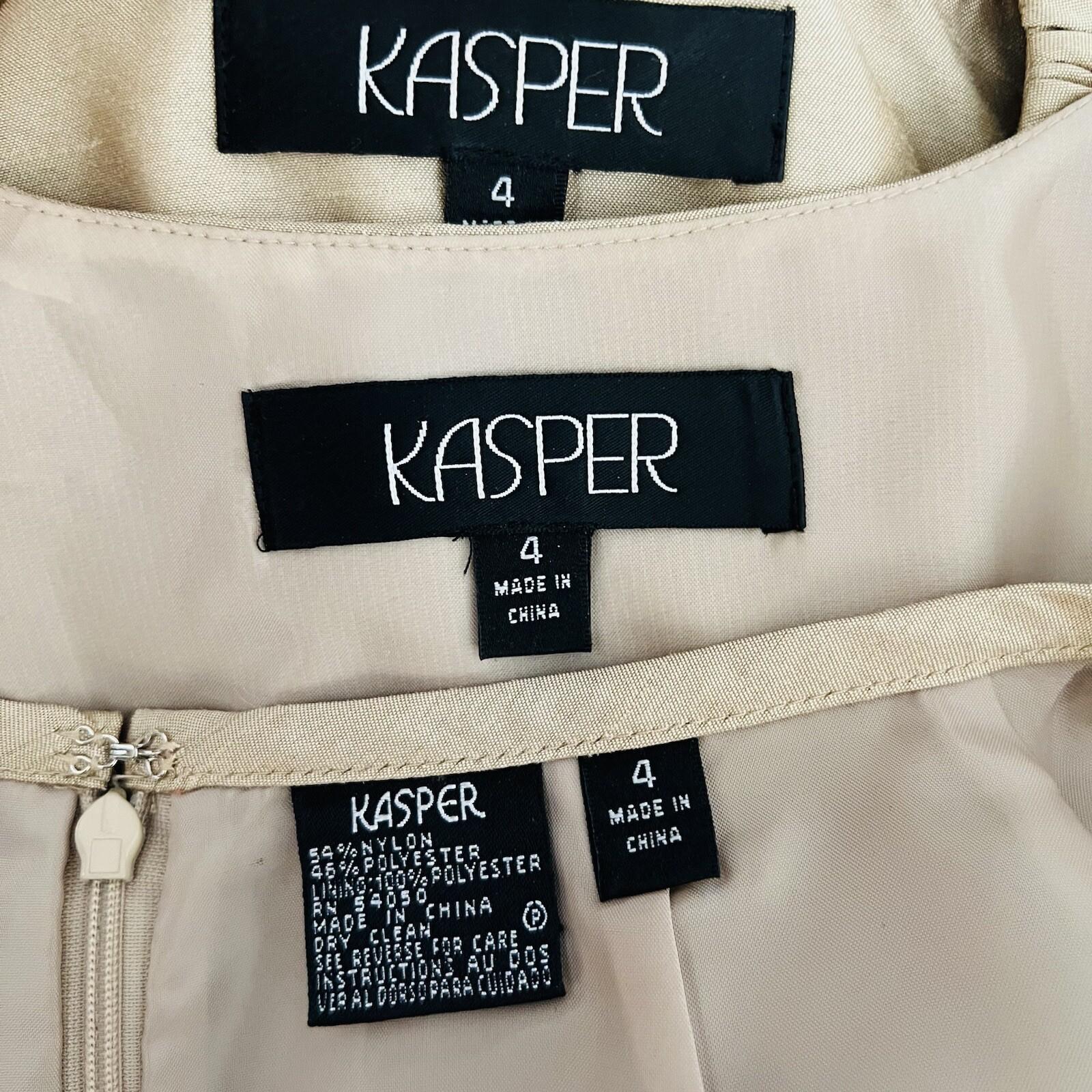 Kasper Polyester Skirt Suit Top Size 4 Gold Lined Open Front Faux Pockets 3PC