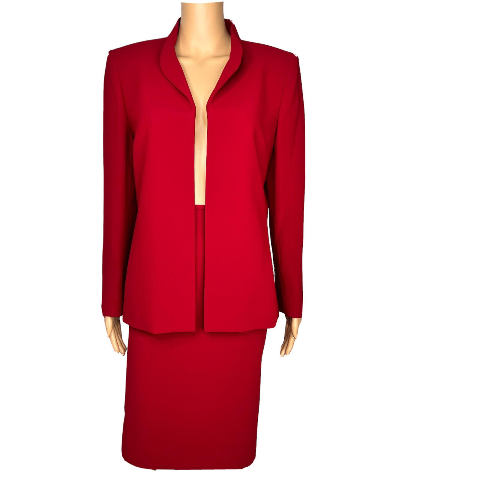 KASPER Polyester Skirt Suit Size 12P Red Lined Open Front Cocktail Career 2PC