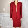 KASPER Polyester Skirt Suit Size 12P Red Lined Open Front Cocktail Career 2PC