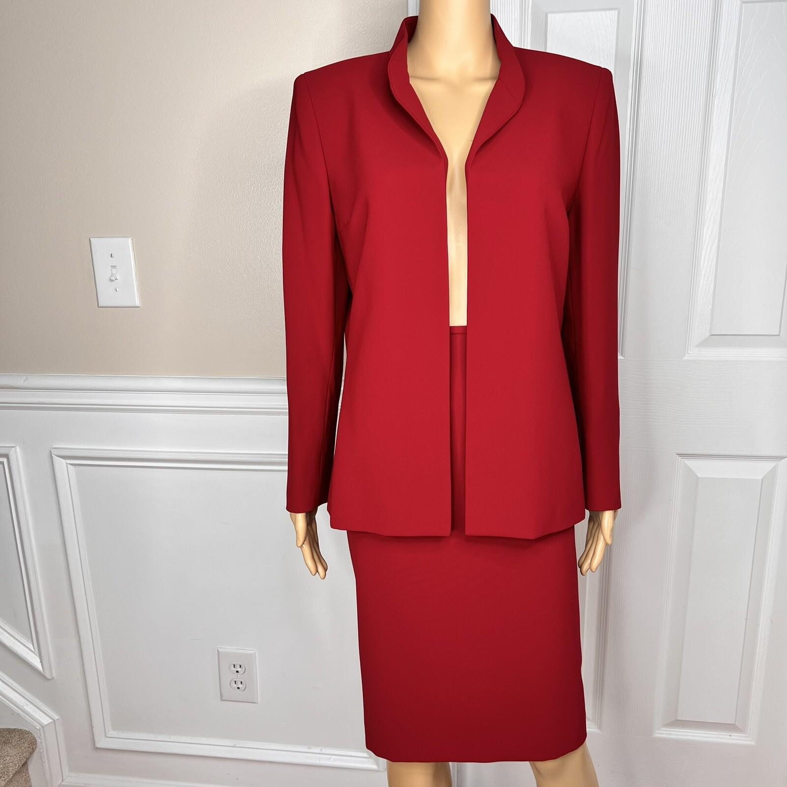 KASPER Polyester Skirt Suit Size 12P Red Lined Open Front Cocktail Career 2PC