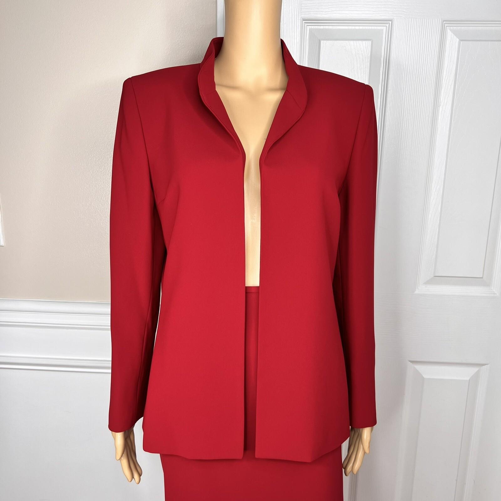 KASPER Polyester Skirt Suit Size 12P Red Lined Open Front Cocktail Career 2PC