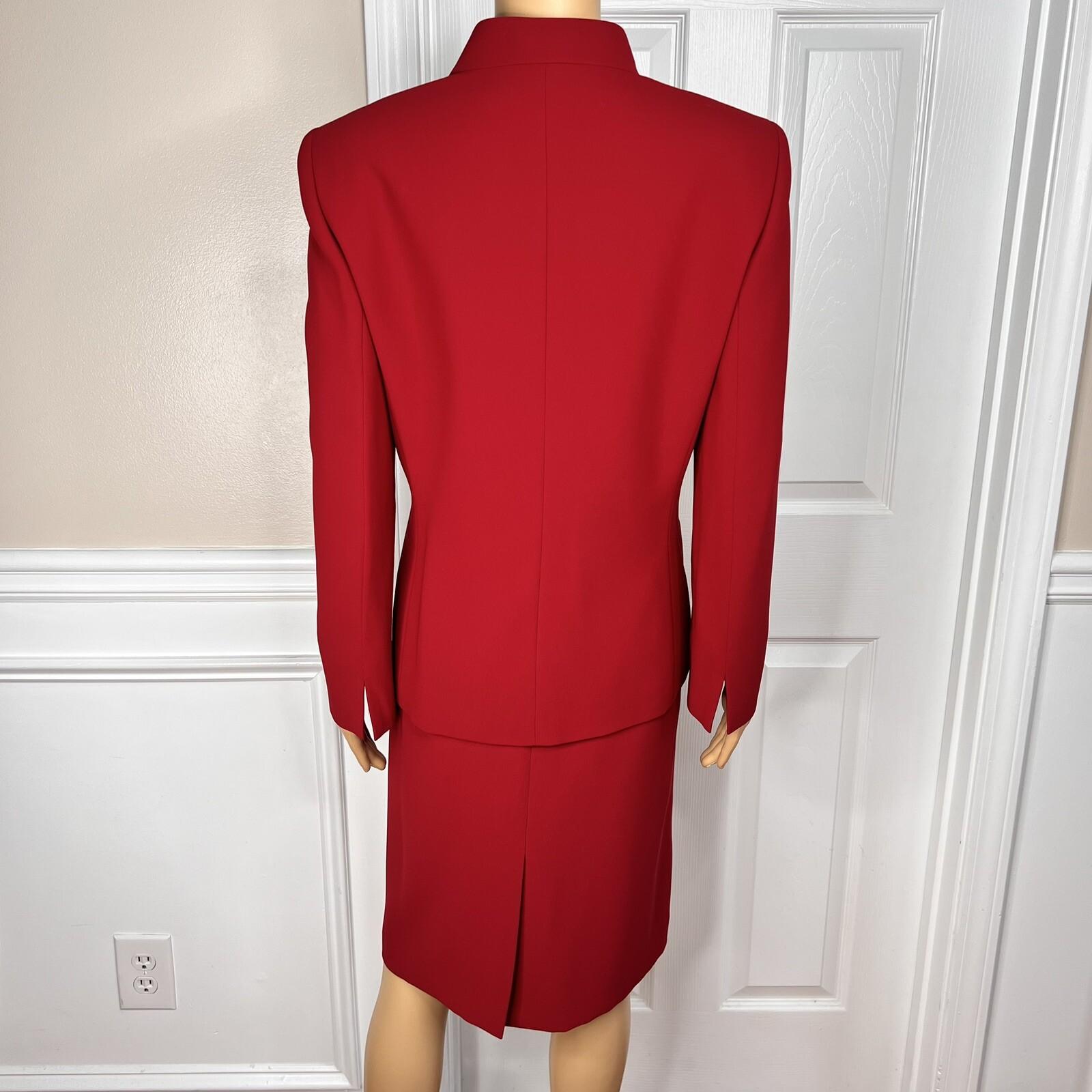 KASPER Polyester Skirt Suit Size 12P Red Lined Open Front Cocktail Career 2PC