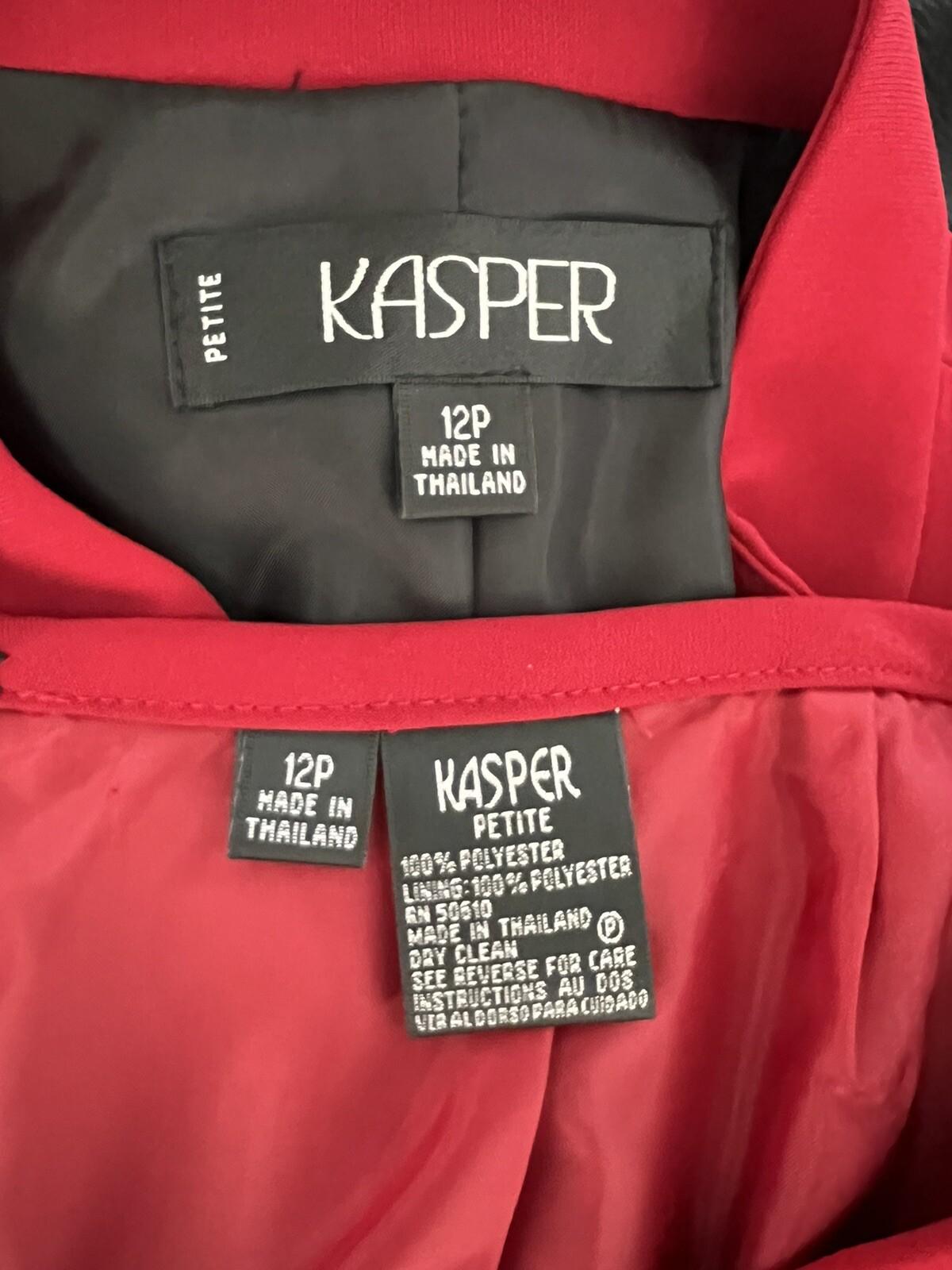 KASPER Polyester Skirt Suit Size 12P Red Lined Open Front Cocktail Career 2PC