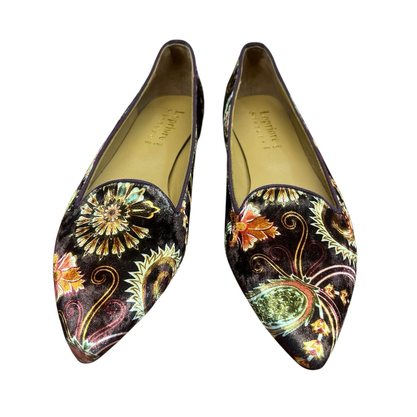Lopriore Sisters Milano Women Velvet Loafers Shoes Size 39 Paisley Pointed Toes