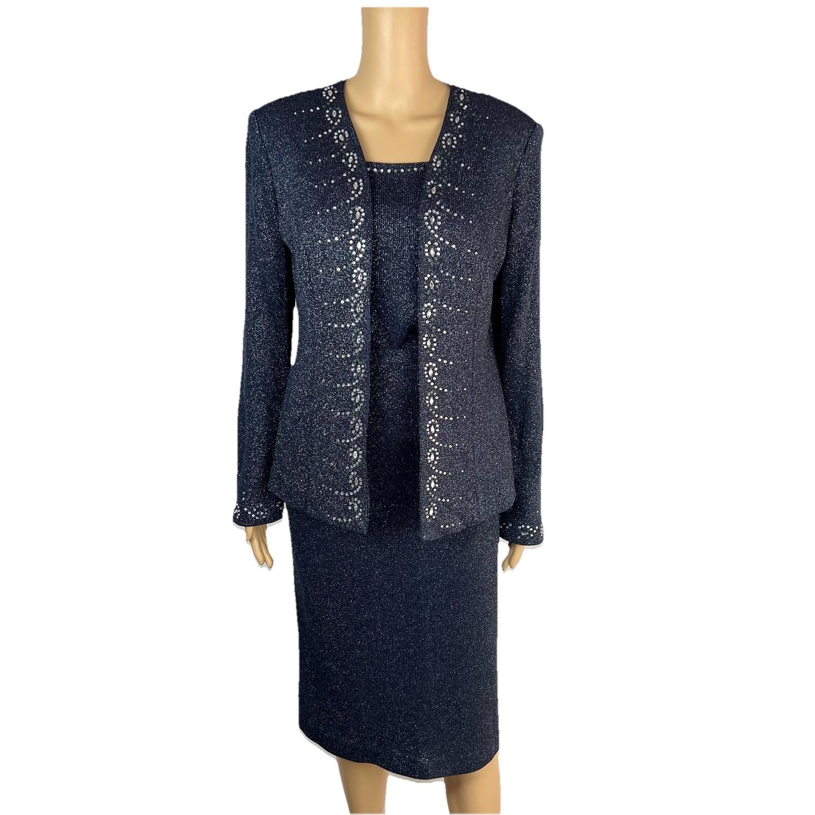 SIONI Women Knit Skirt Suit Top Size 8 Blue Metallic Beaded Timeless Cardigan