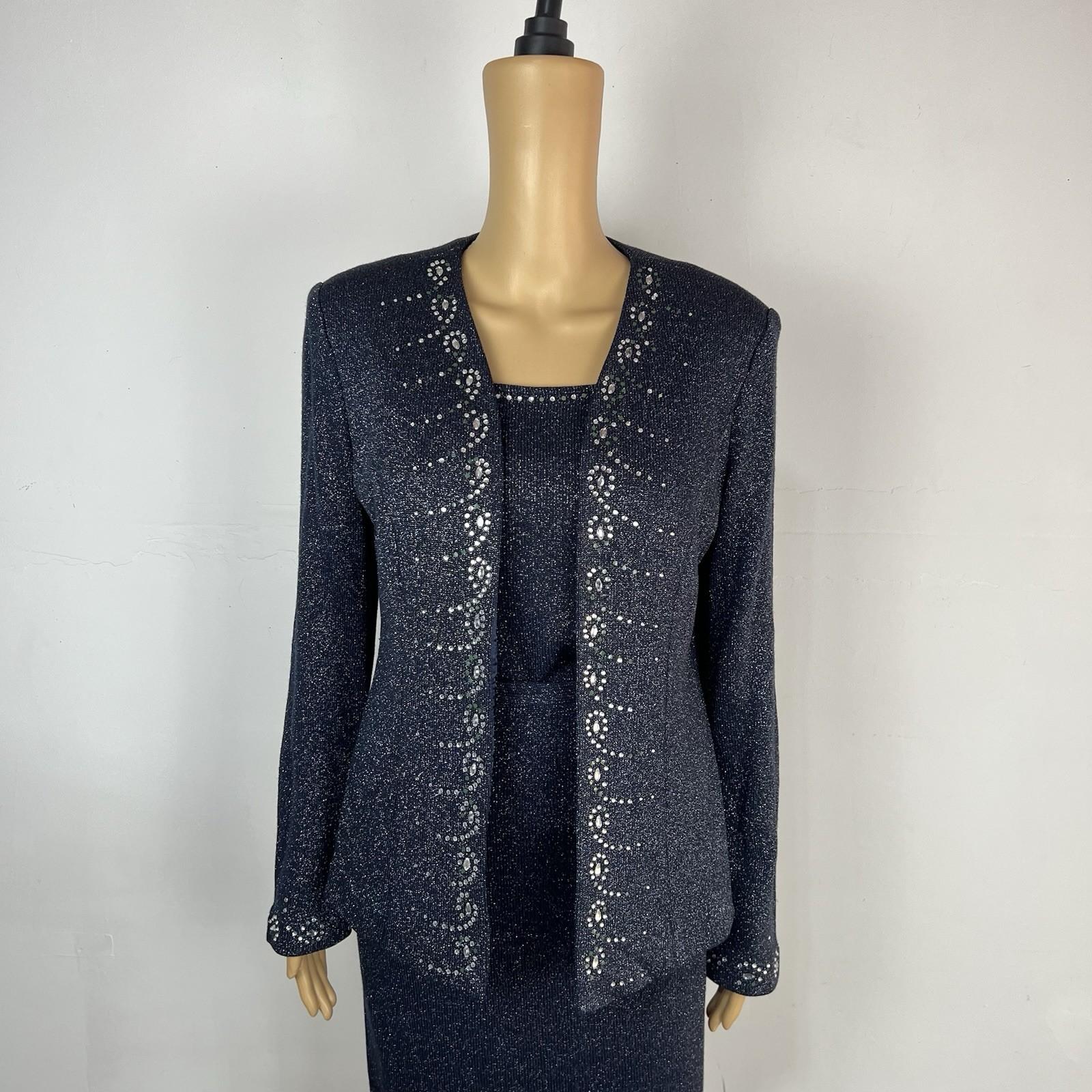 SIONI Women Knit Skirt Suit Top Size 8 Blue Metallic Beaded Timeless Cardigan
