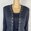 SIONI Women Knit Skirt Suit Top Size 8 Blue Metallic Beaded Timeless Cardigan