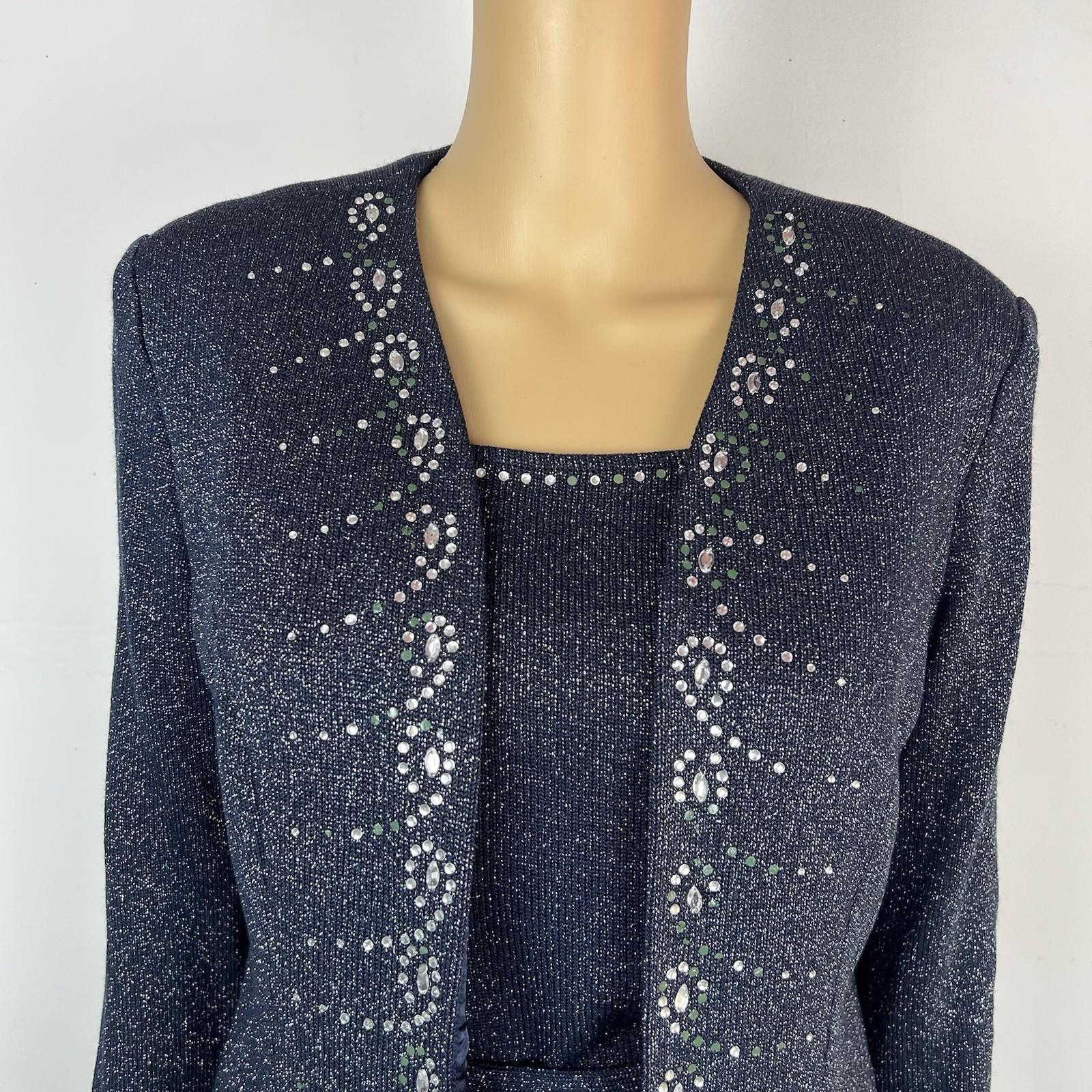 SIONI Women Knit Skirt Suit Top Size 8 Blue Metallic Beaded Timeless Cardigan