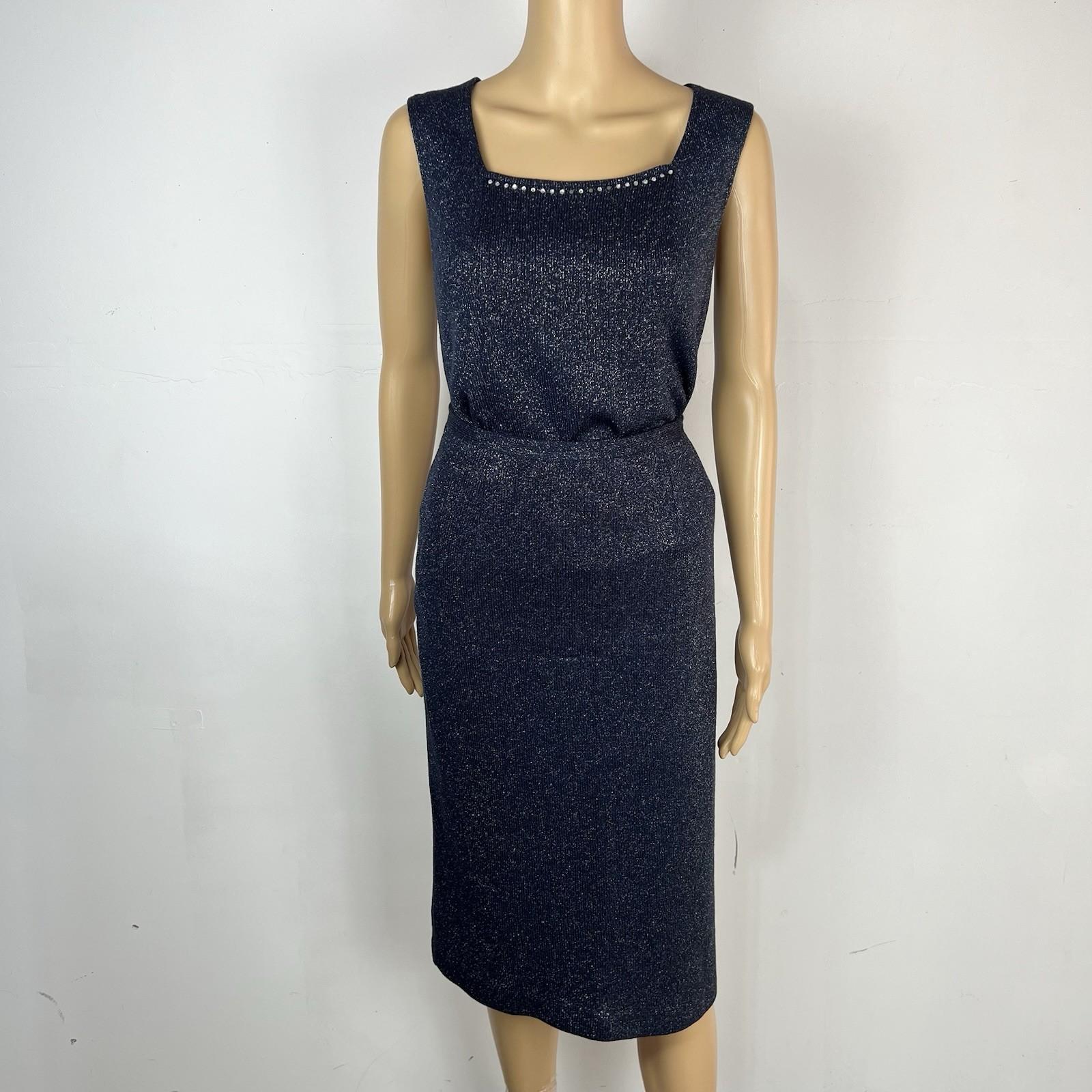 SIONI Women Knit Skirt Suit Top Size 8 Blue Metallic Beaded Timeless Cardigan