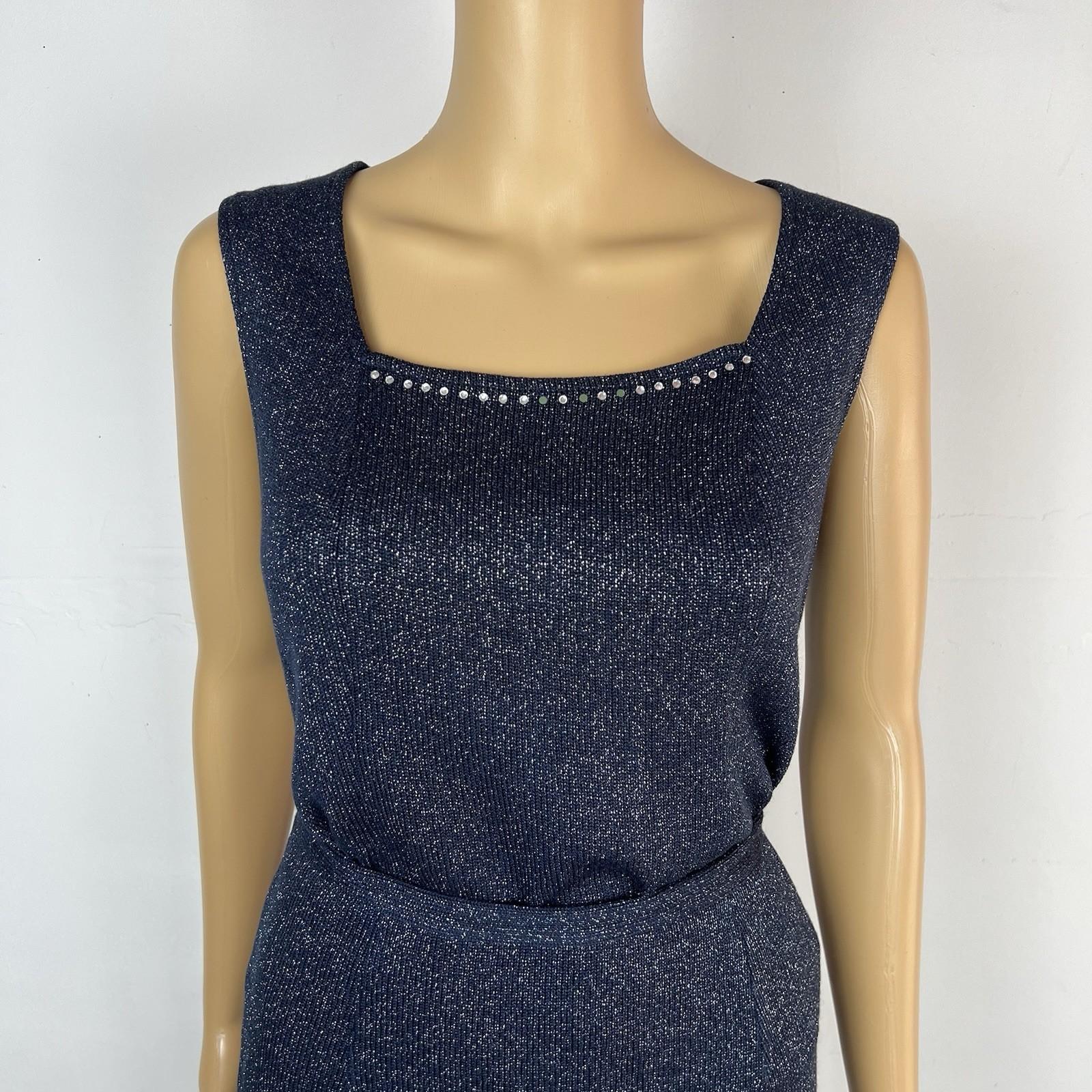 SIONI Women Knit Skirt Suit Top Size 8 Blue Metallic Beaded Timeless Cardigan