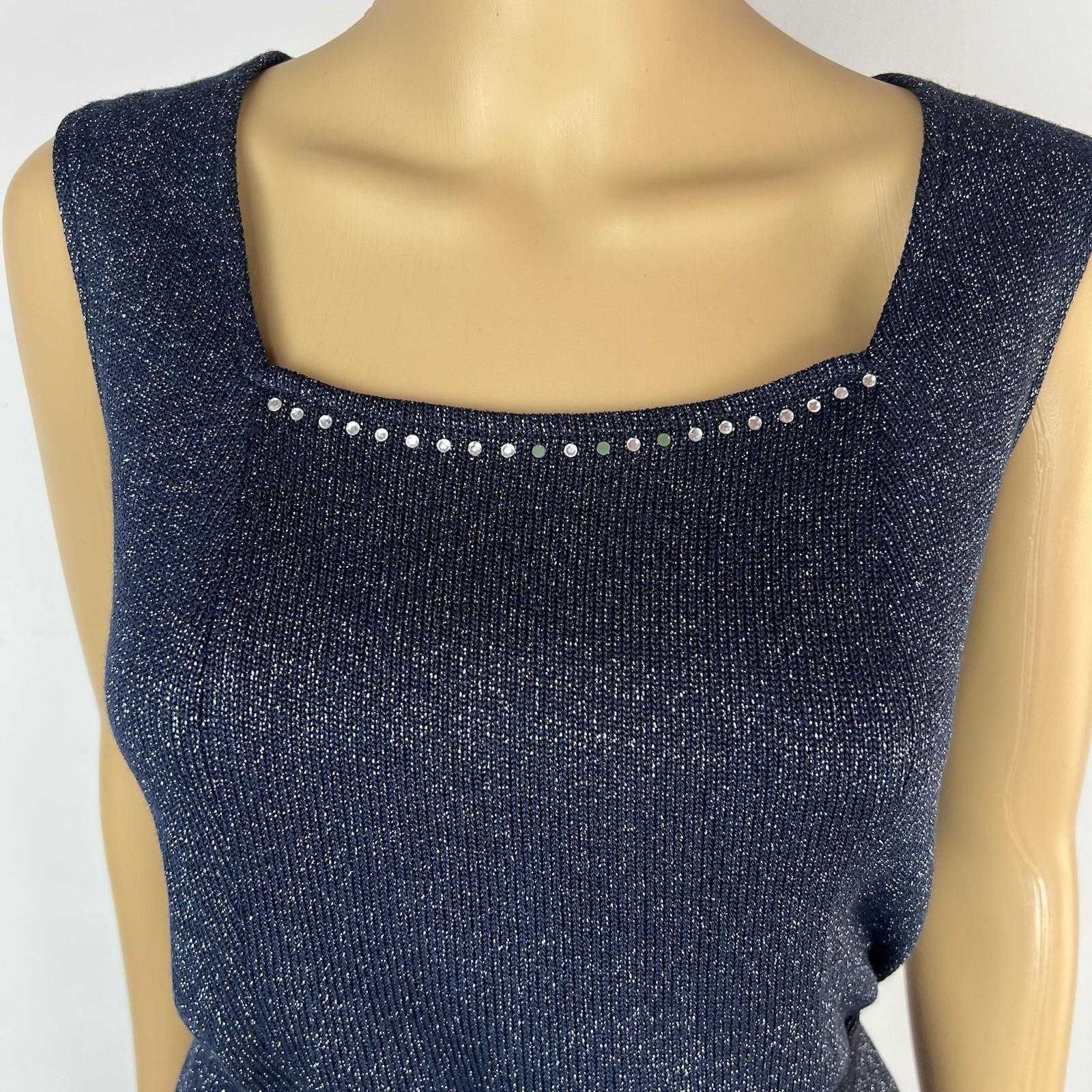 SIONI Women Knit Skirt Suit Top Size 8 Blue Metallic Beaded Timeless Cardigan