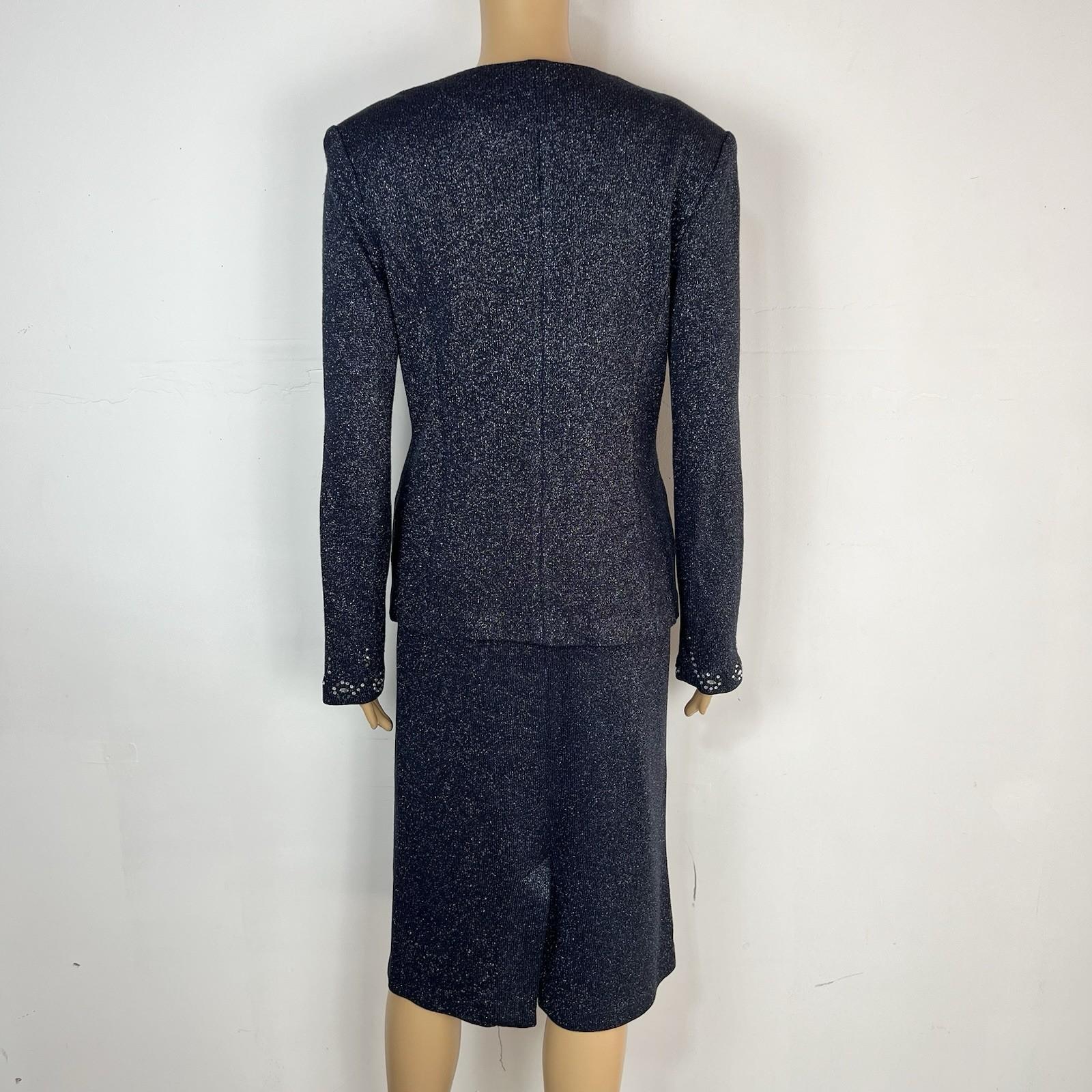 SIONI Women Knit Skirt Suit Top Size 8 Blue Metallic Beaded Timeless Cardigan