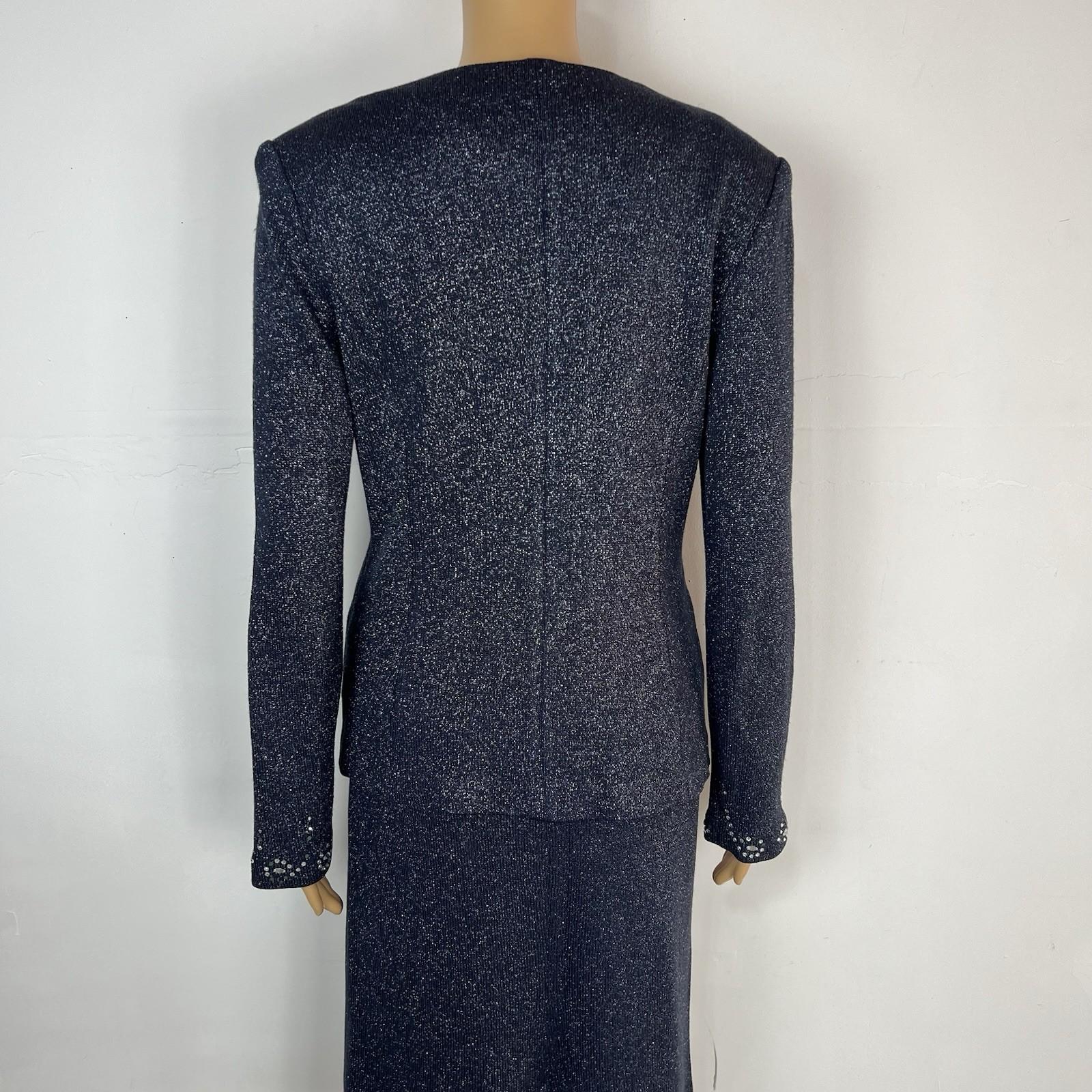 SIONI Women Knit Skirt Suit Top Size 8 Blue Metallic Beaded Timeless Cardigan