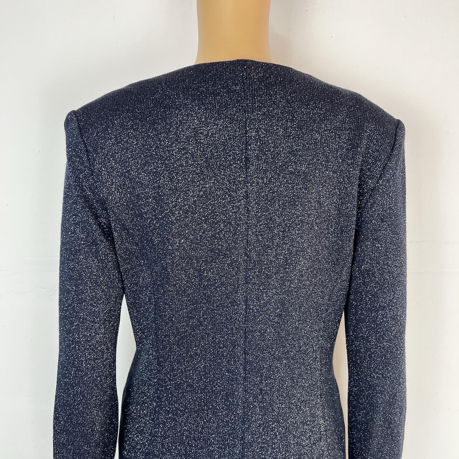 SIONI Women Knit Skirt Suit Top Size 8 Blue Metallic Beaded Timeless Cardigan