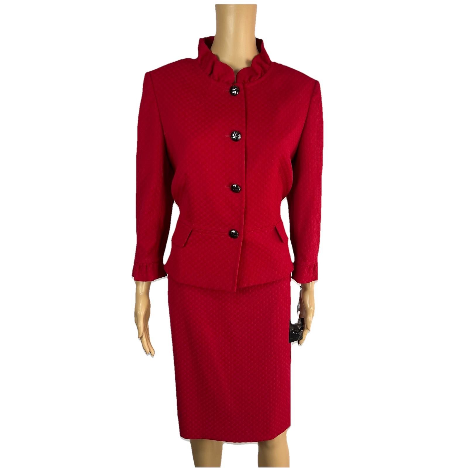 Tahari ASL Women Skirt Suit Size 10 Ruby Red Ruffle Collar Cuff Lined 2PC Career
